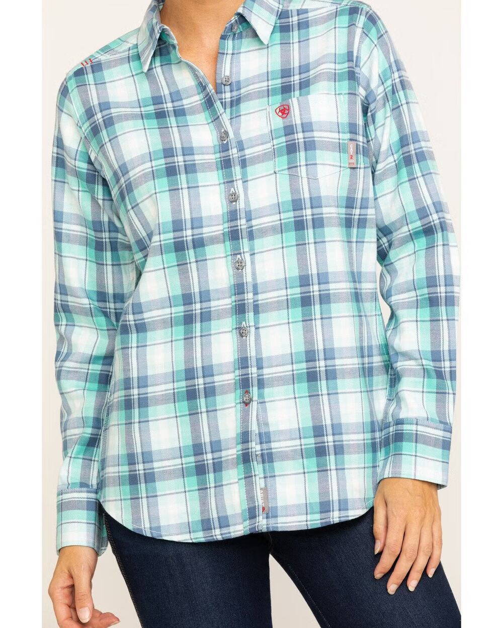 Ariat FR Gisela Plaid Print Longsleeve Button Up Women’s Sz L Blue Teal Great!